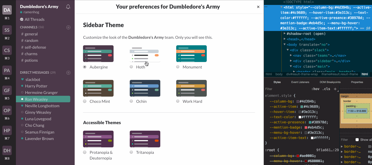 Theme changes as user picks a different preset theme
